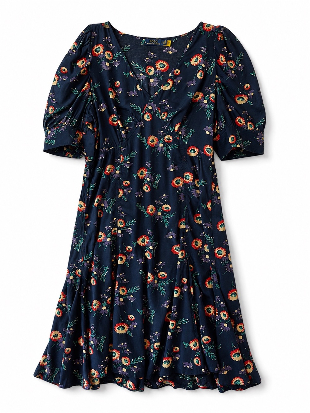 Polo Ralph Lauren Teo Dahlia Floral Crepe Midi Dress Navy Blue Sz 14 Puff Sleeve